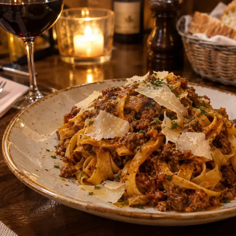 Angerichteter Teller Tagliatelle mit Ragù und Parmesan